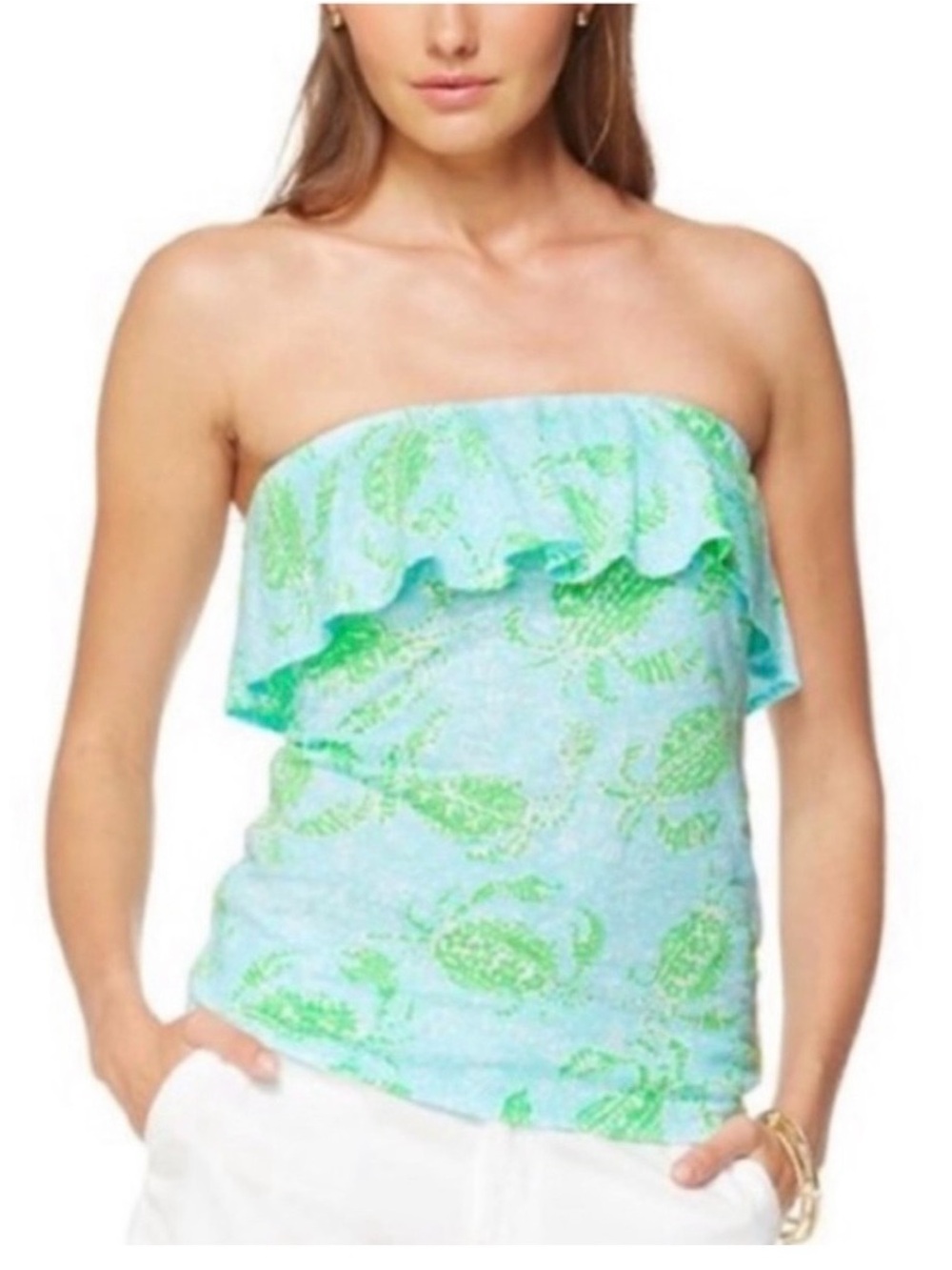 Lilly Pulitzer Wiley Ruffle Tube Top Get Crackin' Cotton Preppy Resortwear Sz L